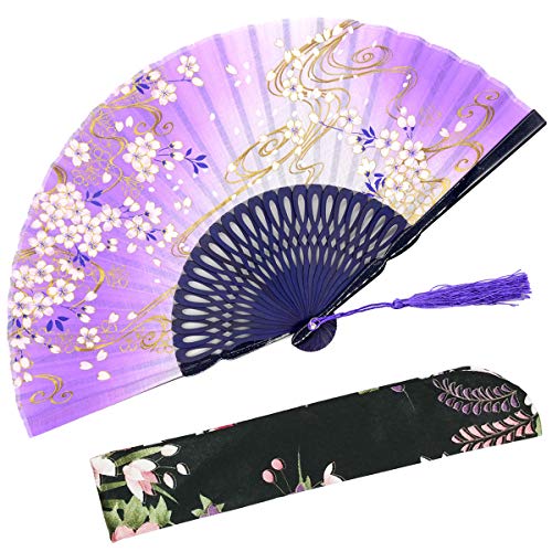 OMyTea Sakura Wind 폴딩 Hand Held Silk Fans 여성 - Fabric Sleeve Protection 선물 Chinese/Japanese Vintage Retro 스타일 Purple