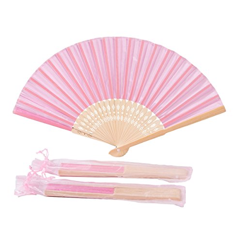 Sepwedd 50pcs Pink Imitated Silk Fabric Bamboo Folded Hand Fan Bridal Dancing Props Church Wedding 선물 Party Favors Bags