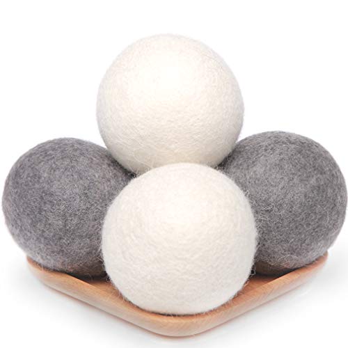Wool Dryer Balls 4 Pack XL, 2.96inch Premium New Zealand Wool Laundry Balls, Organic Natural Fabric Softener, Baby Safe, Reduce Wrinkles and Drying Time(White & Grey)