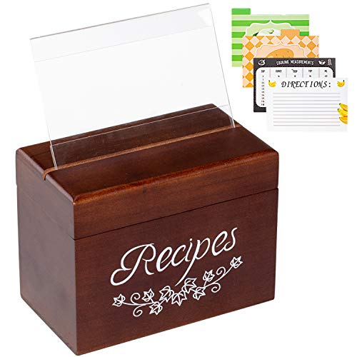 Vintage Wood Recipe Box with 80 Double Sided Recipe Cards 4x6 and 8 Dividers, Perfect Kitchen Cooking Gift set Idea for Mom Women Grandma Bridal Shower and Weddings, 6.9 x 3.9 x5.3 Inch