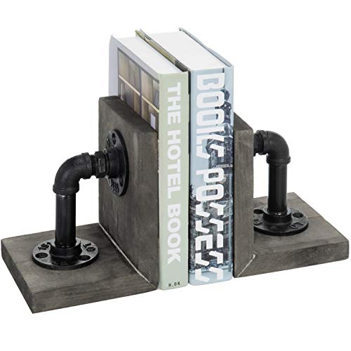 MyGift Vintage Gray Wood L Shaped Decorative Bookend with Industrial Metal Pipe Design, Office Desk Bookends for Heavy Books and TextBooks, 1 Pair