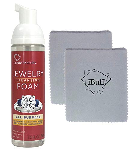Connoisseurs 2.35 FL OZ All Purpose Jewelry Cleansing Foam for Diamonds, Gemstones, Gold, Pearls, Platinum, and Costume Jewelry. Plus 2 Pack Two Layer System Polishing Cloths (5 X 6) - Tarnish Remover