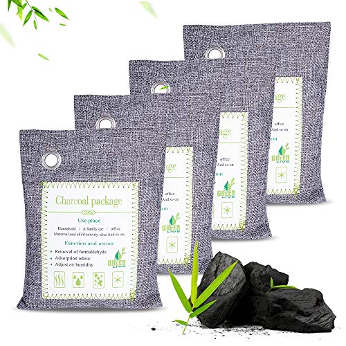 WanderLand Charcoal Bags for Mold and Mildew, Bamboo Charcoal Air Purifying Bags, Activated Charcoal Bags Odor Absorber, Pet Odor Absorber, Natural Fresher Bags for Home, Shoe, Car with Hooks 4x200g