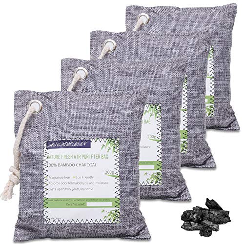 4 Pack of 200g Activated Charcoal Air Purifying Bags, MECHROMAN Charcoal Bags Odor Absorber for Home and Car (Kid and Pet Friendly) - Naturally Freshen Purifying Air