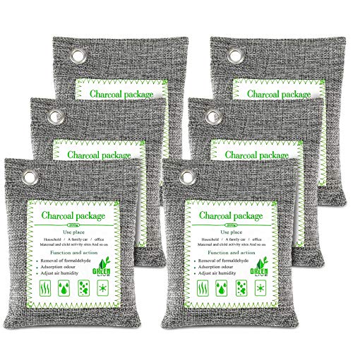 FOYO Bharcoal Bags Odor Absorber Bamboo Charcoal Air Purifying Bag（6 Pack） Activated Charcoal Odor Absorber Moisture Absorber Car Odor Eliminators for Home Charcoal Bags Odor Absorber （200gx6）
