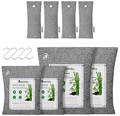 Bamboo Charcoal Air Purifying Bags 4-Pack with 4 Hooks, Naturally Freshen Air with Powerful Activated Charcoal Bags Odor Absorber, Kids and Pets Friendly Natural Charcoal Bags, 4x200g