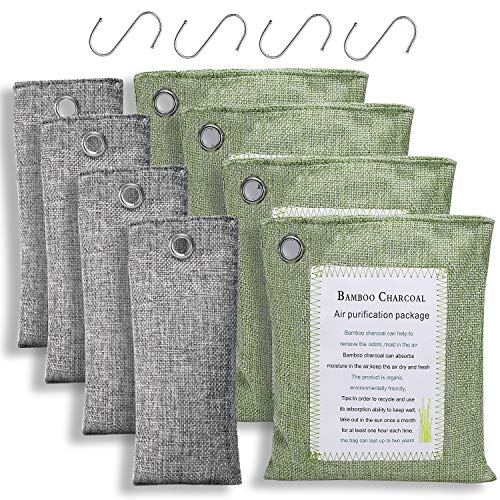 Bamboo Charcoal Air Purifying Bags (8 Pack - 4x200g+4x75g) with 4 Hooks, Natural Charcoal Bags Odor Absorber for Home and Car (Pet Friendly)