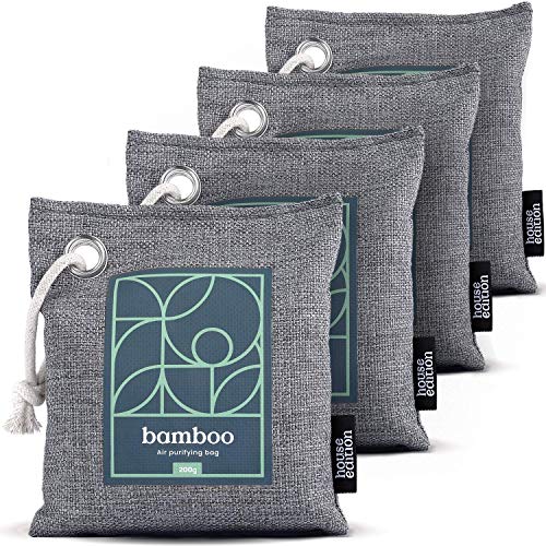 Bamboo Charcoal Air Purifying Bag 4-Pack &ndash; Naturally Freshen Air with Powerful Activated Charcoal Bags Odor Absorber &ndash; Kid and Pet-Friendly Air Fresheners for Home or Car by House Edition, 4x200g