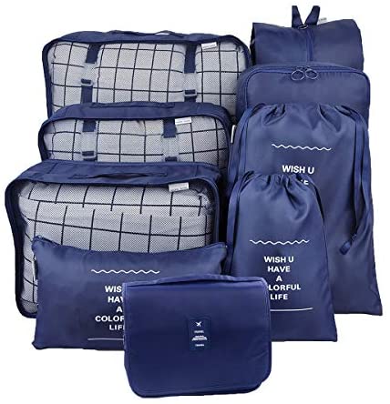 GuaziV 9 Set Packing Cubes,Travel Luggage Bags Packing Organizers Set with Hanging Toiletry Bag (Blue)